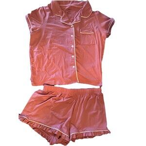 Women's Size Large Pajama Shirt and shorts with pink ruffle Girly Coquette